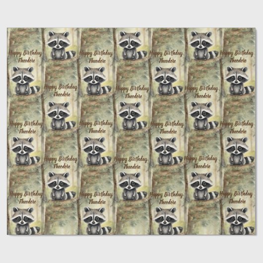Schattigee Baby Raccoon Gepersonaliseerde Verjaard Cadeaupapier (Vlak)