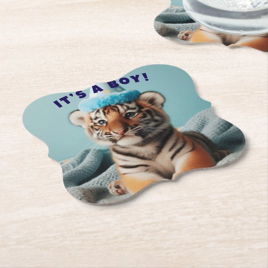 Schattigee Baby Reveal Boy Blue Baby Tiger Kartonnen Onderzetters (Gekanteld)