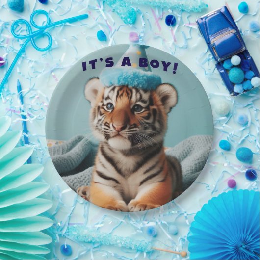 Schattigee Baby Reveal Boy Blue Baby Tiger Papieren Bordje (Feest)