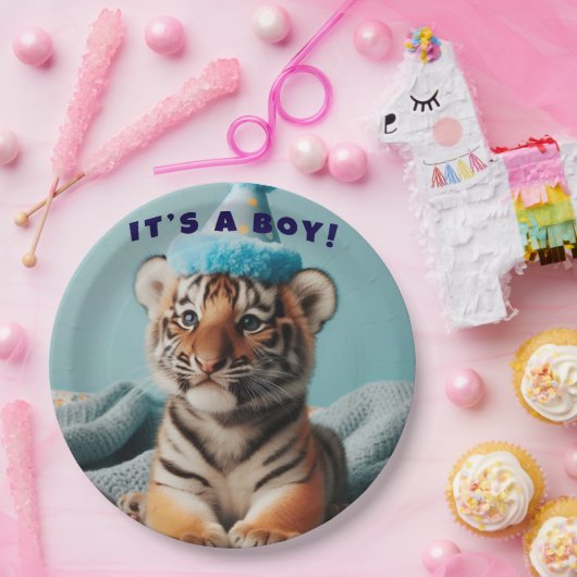 Schattigee Baby Reveal Boy Blue Baby Tiger Papieren Bordje (Feest)