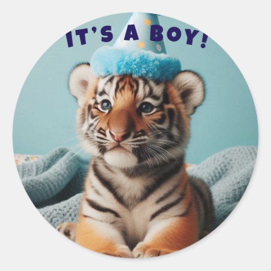 Schattigee Baby Reveal Boy Blue Baby Tiger Ronde Sticker (Voorkant)