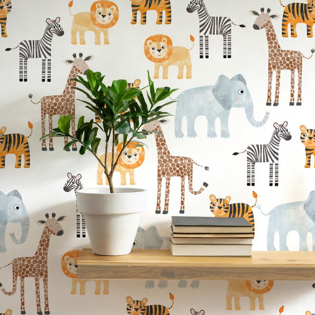 Schattigee Baby Safari Dier Waterverf Patroon Behang (Cute safari animal lion, tiger, elephant, giraffe and zebra nursery and kids room decor wallpaper)