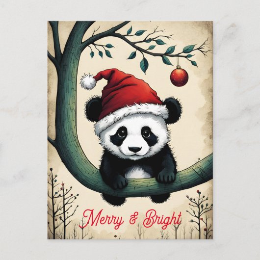 Schattigee Baby Santa Panda op boomtak Kerstmis Briefkaart (Voorkant)