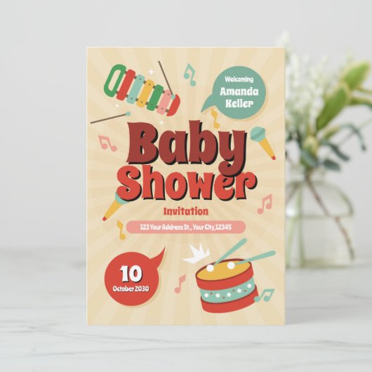 Schattigee Baby shower-uitnodiging met muziekthema Kaart (Staand voorkant)
