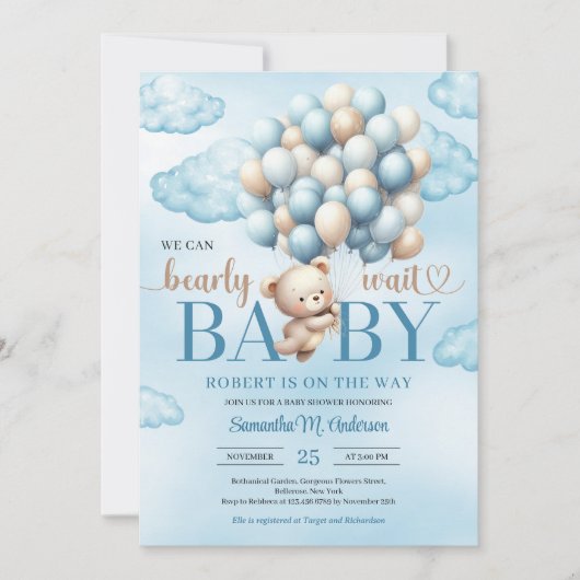 Schattigee baby teddybeer met blauwe en ivoren bal kaart (Voorkant)