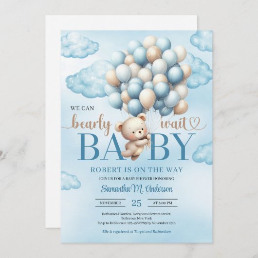 Schattigee baby teddybeer met blauwe en ivoren bal kaart (Voorkant / Achterkant)