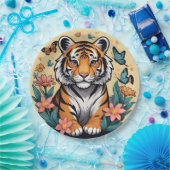 Schattigee Baby tijger met bloemen en vlinders Papieren Bordje (Feest)