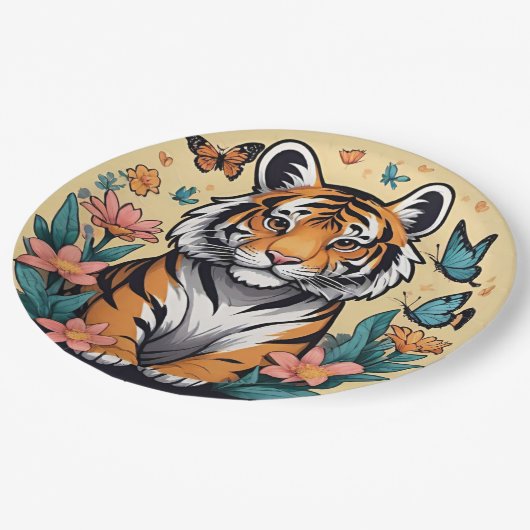 Schattigee Baby tijger met bloemen en vlinders Papieren Bordje (Gekanteld)