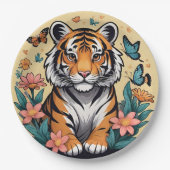 Schattigee Baby tijger met bloemen en vlinders Papieren Bordje (Voorkant)