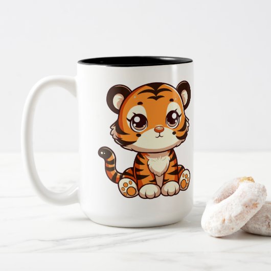 Schattigee baby tijgerwelp zitten tweekleurige koffiemok (Met donut)