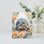 Schattigee Baby Tortoise Pastel Bloemen Waterverf Briefkaart (Staand voorkant)