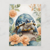 Schattigee Baby Tortoise Pastel Bloemen Waterverf Briefkaart (Voorkant)