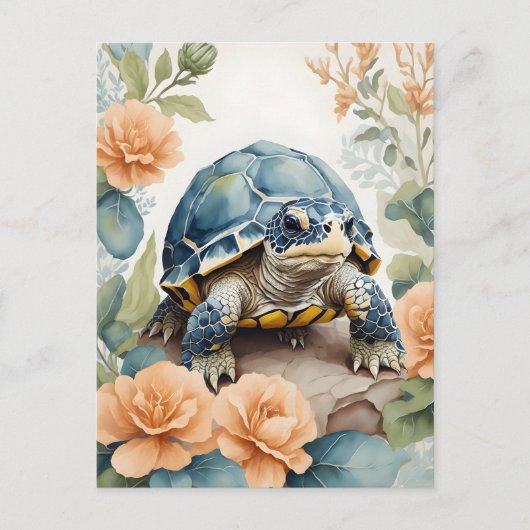 Schattigee Baby Tortoise Pastel Bloemen Waterverf Briefkaart (Voorkant)