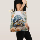 Schattigee Baby Tortoise Pastel Bloemen Waterverf Tote Bag (Dichtbij)