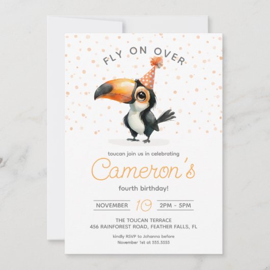 Schattigee baby toucan, vlieg door, kinderen verja kaart (Voorkant)