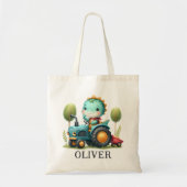 Schattigee Baby Trex Dinosaur op een Blue Tractor Tote Bag (Voorkant)