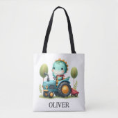 Schattigee Baby Trex Dinosaur op een Blue Tractor Tote Bag (Voorkant)