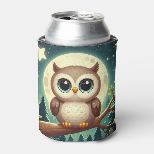Schattigee baby uil bij nacht met maan blikjeskoeler (Blikje Voorkant)