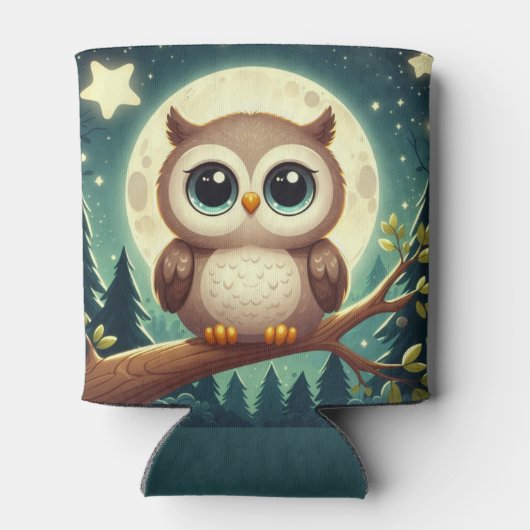 Schattigee baby uil bij nacht met maan blikjeskoeler (Achterkant)