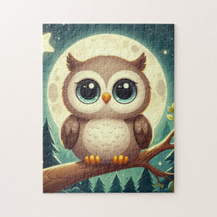 Schattigee baby uil bij nacht met maan legpuzzel
