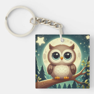 Schattigee baby uil bij nacht met maan sleutelhanger