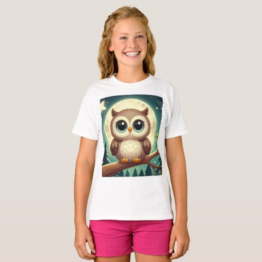 Schattigee baby uil bij nacht met maan t-shirt (Voorkant volledig)