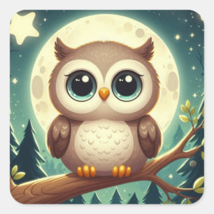 Schattigee baby uil bij nacht met maan vierkante sticker