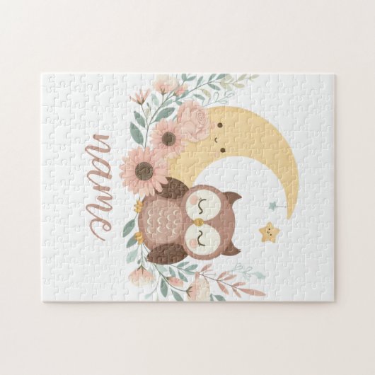 Schattigee baby uil met maan legpuzzel (Horizontaal)