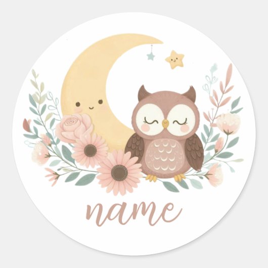 Schattigee baby uil met maan ronde sticker (Voorkant)