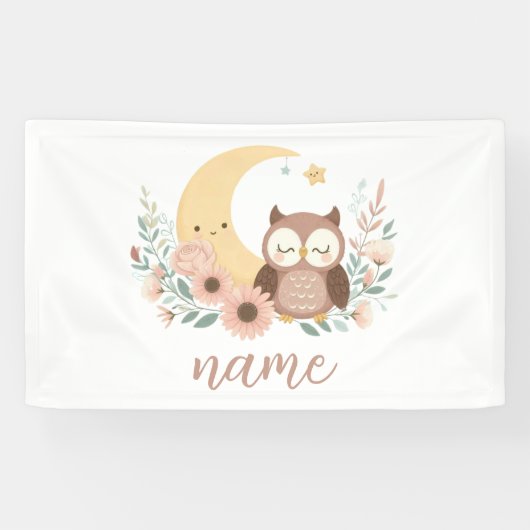 Schattigee baby uil met maan spandoek (Horizontaal)