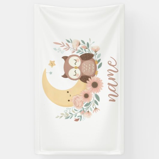 Schattigee baby uil met maan spandoek (Verticaal)