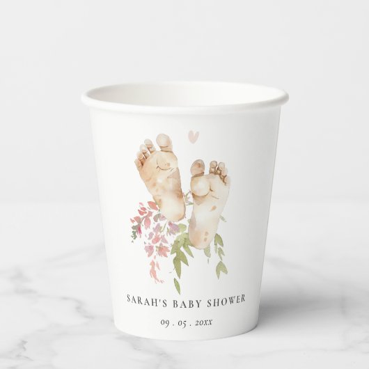 Schattigee Baby Voeten Blush Roze Bloemen Meisje B Papieren Bekers (Achterkant)