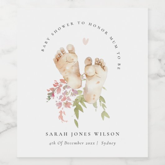 Schattigee Baby Voeten Blush Roze Bloemen Meisje B Wijn Etiket (Enkel label)