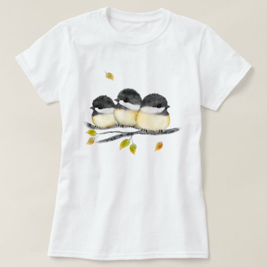 Schattigee Baby Vogel 3 Kuikens op Boomtak T-shirt (Design voorkant)