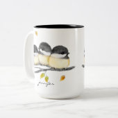 Schattigee Baby Vogel 3 Kuikens op Boomtak Tweekleurige Koffiemok (Voorkant links)