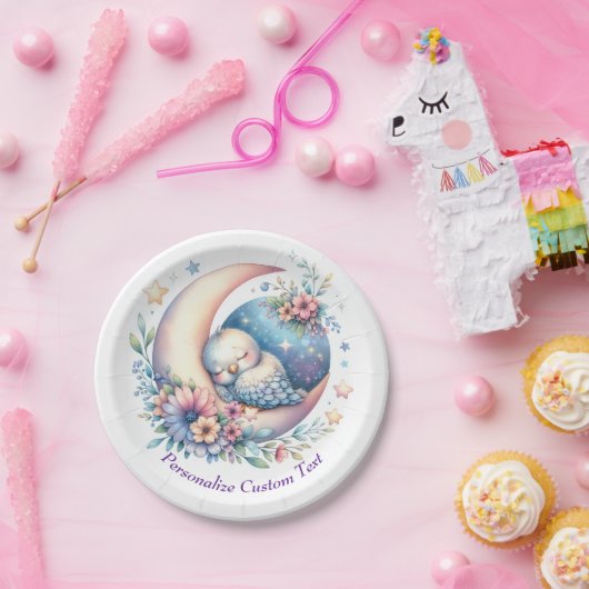 Schattigee Baby-vogel slaapt op de maan Papieren Bordje (Feest)