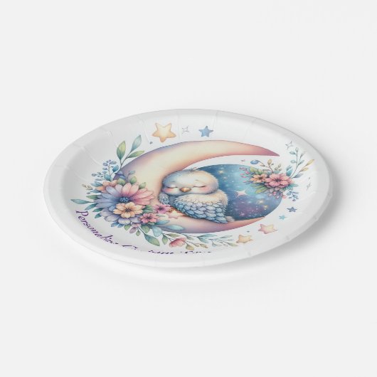 Schattigee Baby-vogel slaapt op de maan Papieren Bordje (Gekanteld)