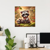Schattigee Baby Wasbeer met rode bessen - Woodland Poster (Thuiskantoor)