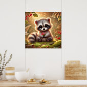 Schattigee Baby Wasbeer met rode bessen - Woodland Poster (Keuken)
