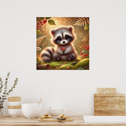 Schattigee Baby Wasbeer met rode bessen - Woodland Poster (Keuken)