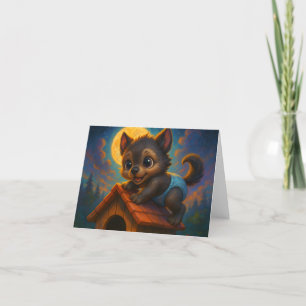 Schattigee Baby Weerwolf op Dog House Fantasy Art Bedankkaart