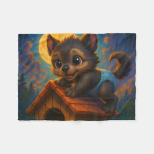 Schattigee Baby Weerwolf op Dog House Fantasy Art Fleece Deken
