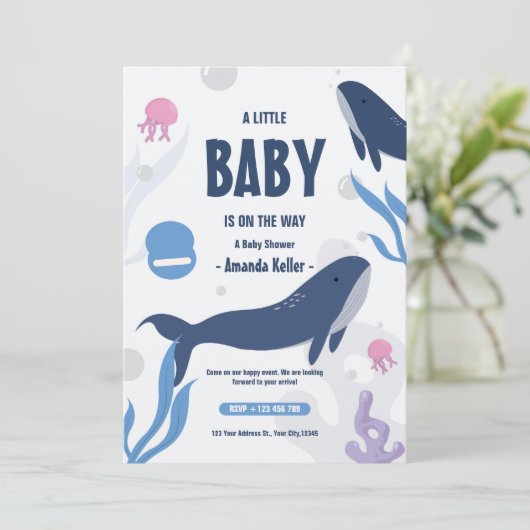 Schattigee Baby Whale Baby shower uitnodiging (Staand voorkant)