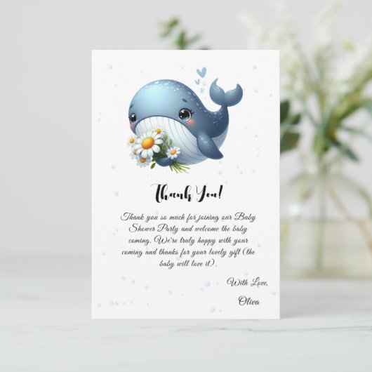 Schattigee Baby Whale met Daisy Baby shower Bedankkaart (Staand voorkant)
