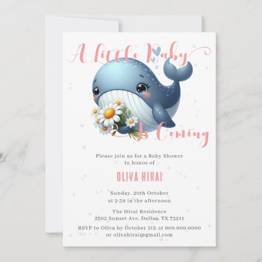 Schattigee Baby Whale met Daisy Baby shower Invita Kaart (Voorkant)