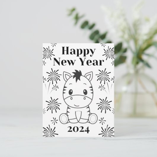 Schattigee Baby Zebra Fireworks Zwart & Wit Nieuwj Briefkaart (Staand voorkant)