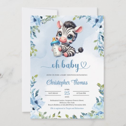 Schattigee baby zebra waterverf blauw bloemengroen kaart (Voorkant)