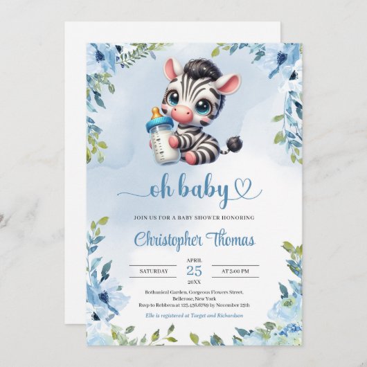 Schattigee baby zebra waterverf blauw bloemengroen kaart (Voorkant / Achterkant)