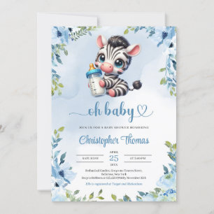 Schattigee baby zebra waterverf blauw bloemengroen kaart