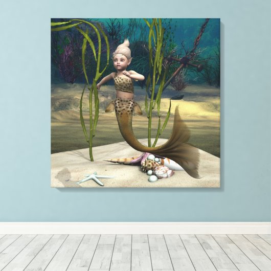 Schattigee Baby Zeemeermin Canvas Afdruk (Insitu (Houten vloer))
